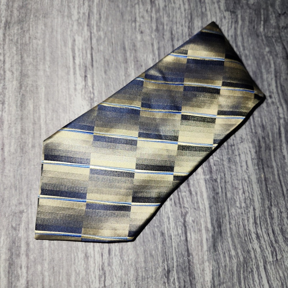 Paul Dione Men's Necktie 100% Silk Gold Blue Brown‎ Geometric Striped